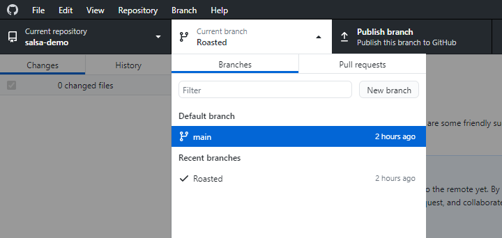 The dropdown branches menu displays the branches for the salsa repository. The main branch is highlighted.